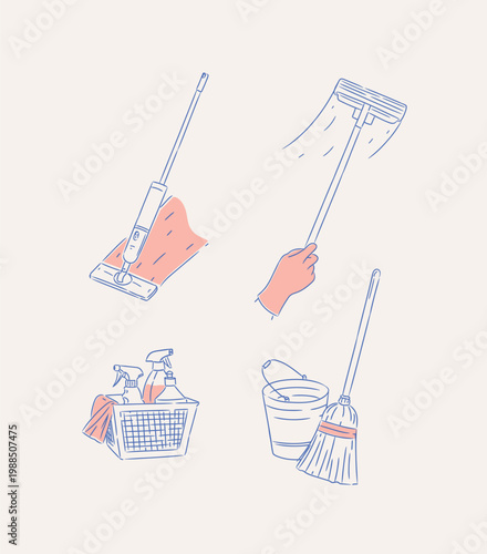 House cleaning hand tools spray mop window squeezer basket with spray and cloth drawing in graphic style with blue on light background