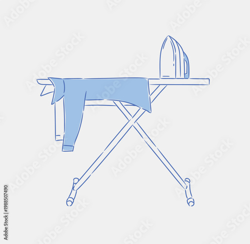 Ironing board with clothes laid out on it drawing in graphic style on blue background