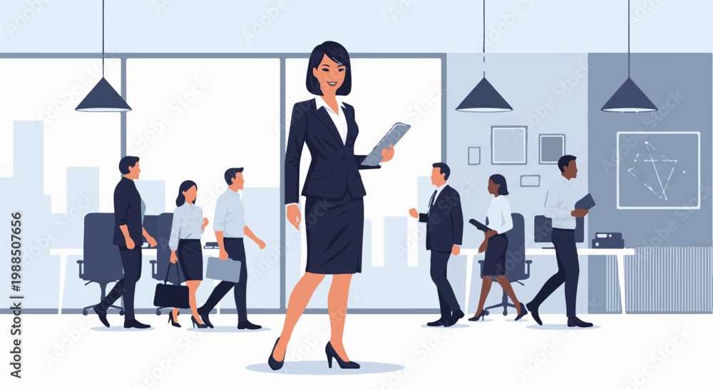 Fototapeta premium Diverse professionals collaborate and move through a modern office space with city views