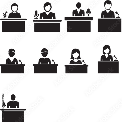 Speaker and News Reporter Icon Set with Podium and Microphone Symbols