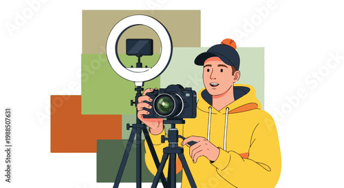 A content creator in a hoodie sets up a camera and ring light for a video shoot