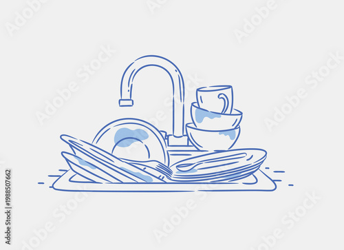 Kitchen sink with dishes cups and cutlery drawing in graphic style on blue background. Housework.