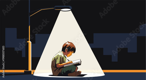 A young boy sitting on the ground writing in a notebook under a street lamp