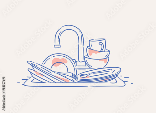 Kitchen sink with dishes cups and cutlery drawing in graphic style with blue on light background. Housework.