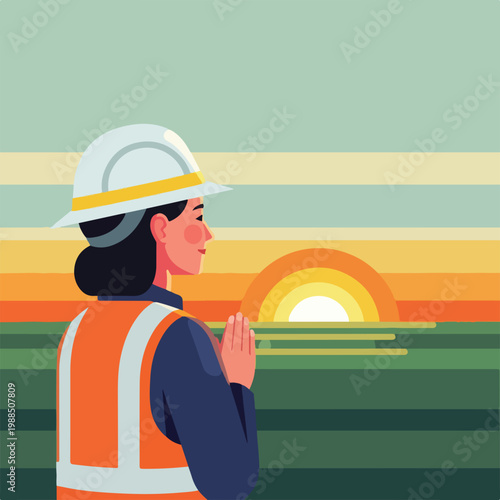 Woman wearing a hard hat and safety vest standing with hands joined at sunset