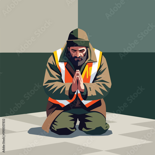 A bearded man in a hi-vis vest kneeling and praying with hands pressed together