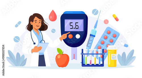 World diabetic awareness day. Doctors testing blood for glucose, using glucometer for hypoglycemia or hyperglycemia diagnosis. Type 2 diabetes and insulin production. Physician measuring sugar level