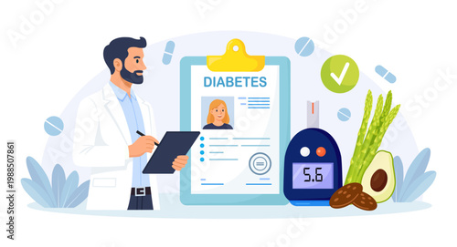 World Diabetic Awareness Day. Diabetes Mellitus Concept. Type 2 Diabetes and Insulin production. Physician Measuring Sugar Level