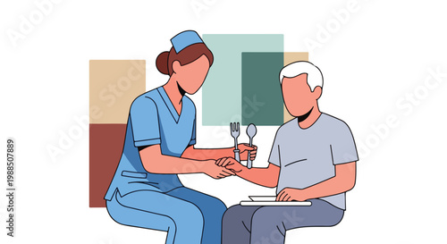 A nurse in blue scrubs helps an elderly man eat using a fork and spoon set