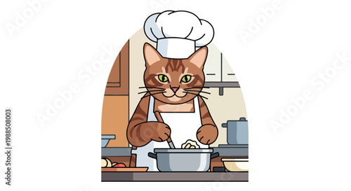 A brown tabby cat wearing a chef hat and white apron cooking in a kitchen