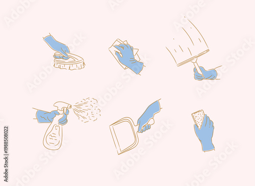 House cleaning hand tools gloves brush dustpan spray cloth sponge drawing in graphic style on beige background