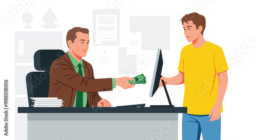 A man in a suit hands money to a young man in a yellow t-shirt at a desk