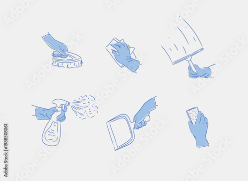 House cleaning hand tools gloves brush dustpan spray cloth sponge drawing in graphic style on blue background