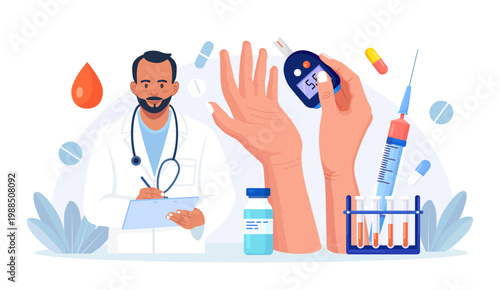 World diabetic awareness day. Doctors testing blood for glucose, using glucometer for hypoglycemia or hyperglycemia diagnosis. Type 2 diabetes and insulin production. Physician measuring sugar level