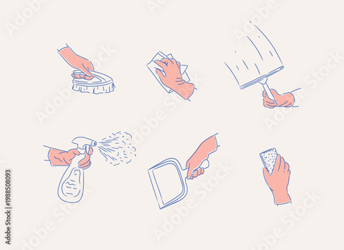 House cleaning hand tools gloves brush dustpan spray cloth sponge drawing in graphic style with blue on light background