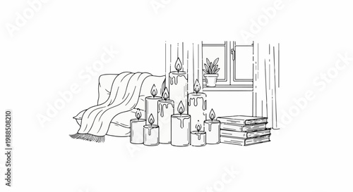 Cozy scene with lit candles, a draped blanket on a chair, and books