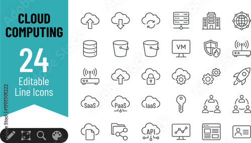 Modern collection of 24 scalable cloud computing and technology icons in clean line art style. Ideal for business presentations, tech blogs, educational materials, and digital marketing projects.