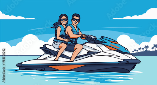 Couple enjoying a jet ski ride on a bright sunny day with a tropical backdrop