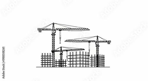 Construction site with multiple cranes and building frameworks