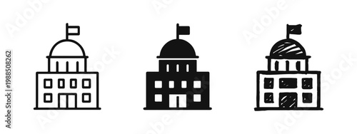 Government Building or Capitol Icon Set in Outline, Glyph, and Doodle Styles