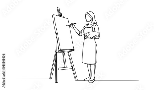 Continuous one line drawing of woman painting on canvas with palette minimalist artist line art vector illustration