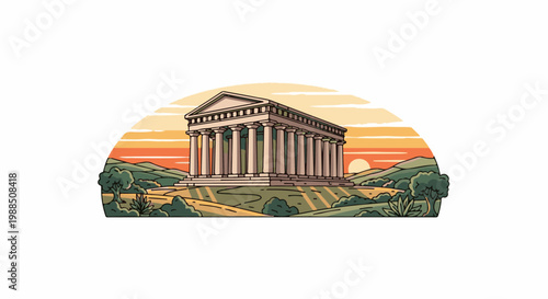 Ancient Greek temple with pillars at sunset in a hilly landscape