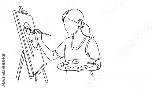 Abstract continuous line art of female artist painting on canvas with palette minimalist vector illustration