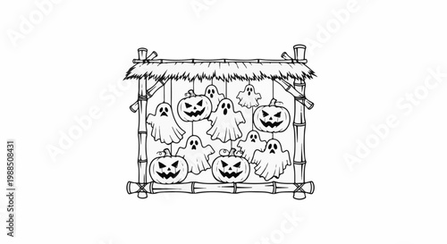 Bamboo frame with hanging Halloween pumpkins and ghosts