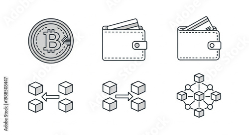 Bitcoin Cryptocurrency Wallet and Blockchain Technology Icons.