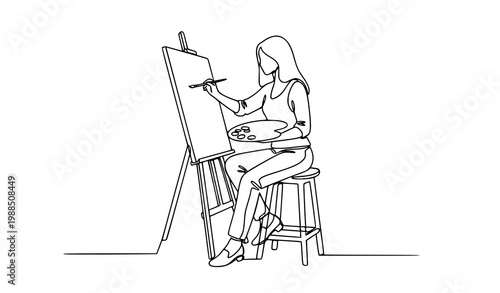 Modern continuous one line drawing of seated woman artist painting on canvas minimalist vector design