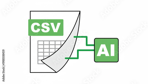 CSV file and AI icon illustration showing data transfer and smart processing workflow featuring AI, artificial intelligence, machine learning with