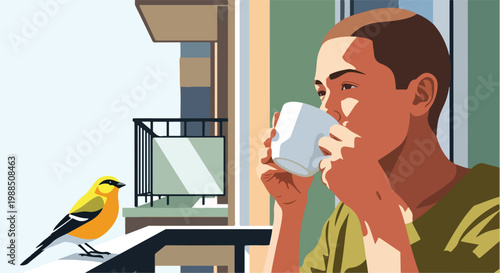 A young person drinks coffee on a sunny balcony while watching a small yellow bird