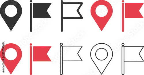 Black and Red Map Pin Icon Set Vector Illustration, Location Marker and Destination Flag Symbols for Travel Guides, Geolocation Services, and Map Interface Design