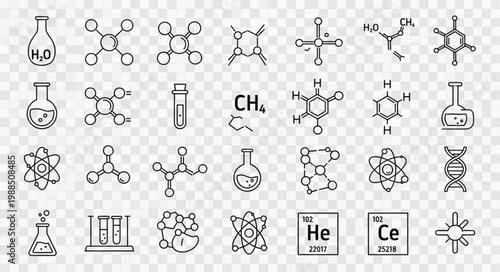 Collection of chemical formulas and molecular structures hand drawn icons.