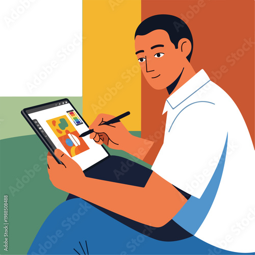 An artist creating a digital painting on a tablet with a stylus in a workspace