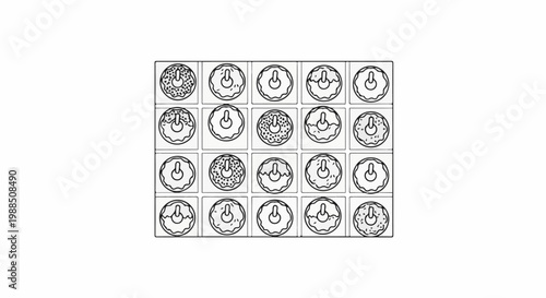 A grid of 20 illustrated donuts, some with sprinkles, others with plain icing