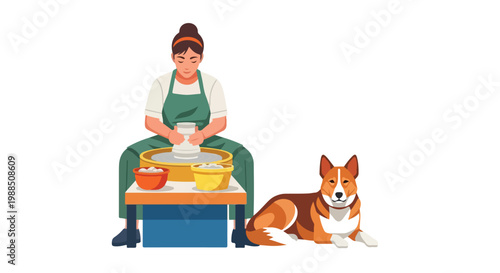 A woman in an apron crafting a ceramic pot on a wheel with a dog sitting by