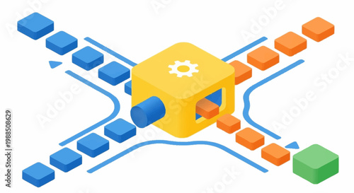 A colorful 3D flowchart with a central yellow cube and moving blocks.