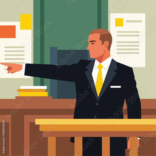 A man in a business suit stands in a courtroom and points to the left side