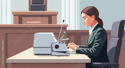 A woman in a business suit types on a stenotype machine in a courtroom setting