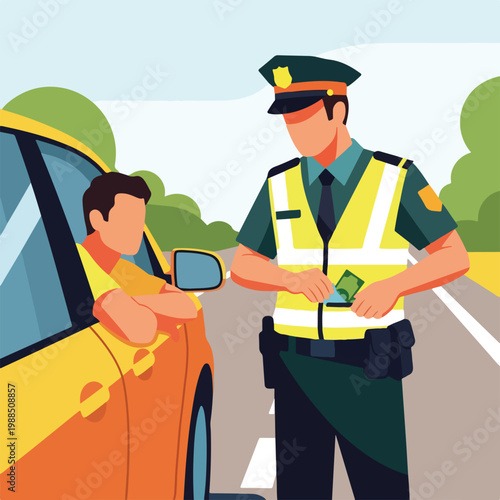 A police officer in a high-visibility vest taking a bribe from a male driver