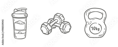 Fitness and Bodybuilding Doodle Vector Set. Hand-drawn icons of a protein shaker, dumbbells, and a 10kg kettlebell. Perfect for gym branding, workout plans, and healthy lifestyle designs.