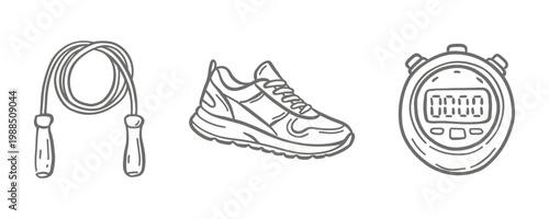 Cardio and Running Workout Doodle Vector Set. Hand-drawn icons of a jump rope, running sneaker, and digital stopwatch. Perfect for marathon training, fitness apps, and healthy lifestyle branding.
