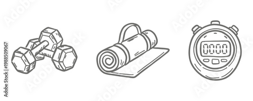 Home Workout and Yoga Doodle Set. Hand-drawn icons of dumbbells, rolled yoga mat, and digital stopwatch. Perfect for fitness motivation, gym branding, and healthy lifestyle apps.