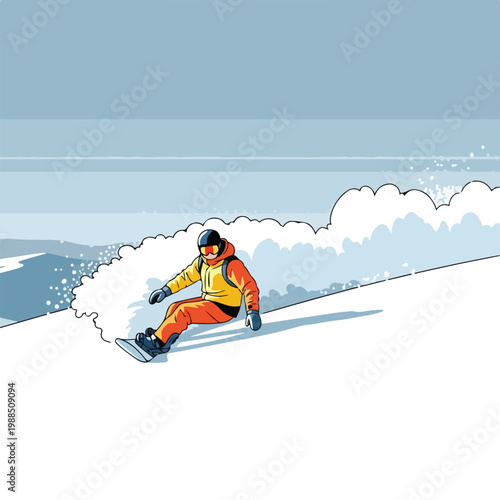 A snowboarder in colorful gear carves through deep powder on a snowy mountain
