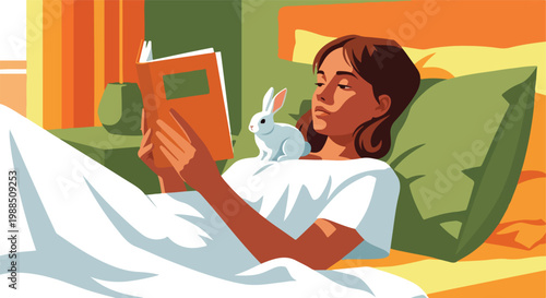 A woman rests in bed with a white pet rabbit while reading an orange book