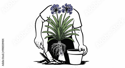 Person planting a potted plant with a trowel and soil