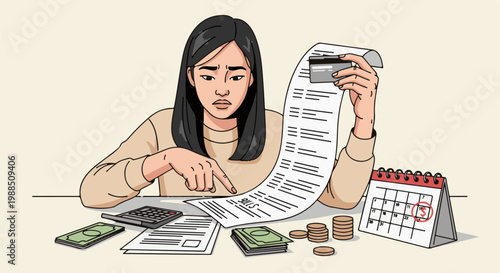 Person worried about bills with calculator, cash, credit card, calendar, and coins