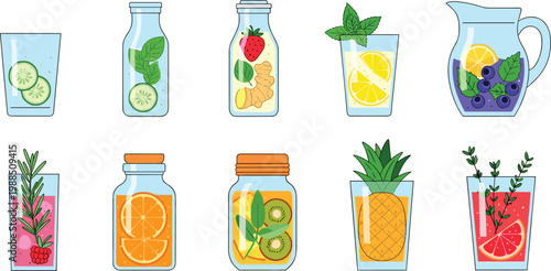 Healthy Infused Water and Detox Drink Icon Set with Fresh Fruit, Herbs, Mason Jars, Glass Pitcher, and Summer Refreshment Illustrations for Wellness Designs