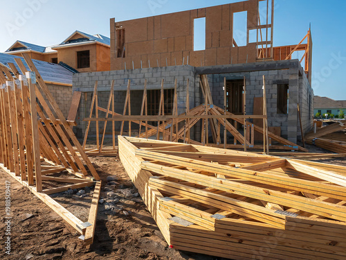 Prefabricated roof trusses in a stack (bottom right) and along the ground in front of the concrete shell of a single-family house under construction in a suburban residential development in Florida